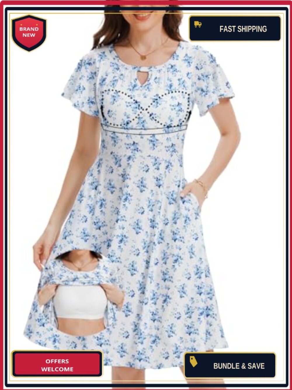 Built in Bra Maxi Dress Casual Flowy A-line Summer Vacation Short Sleeve
